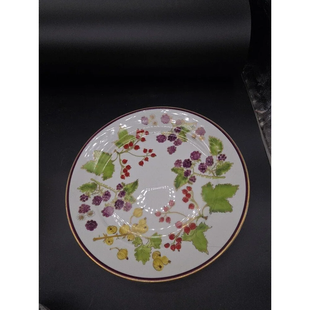 Crate & Barrel Raspberry & Holly Large Round Serving Platter /Plate Gold Rim 12